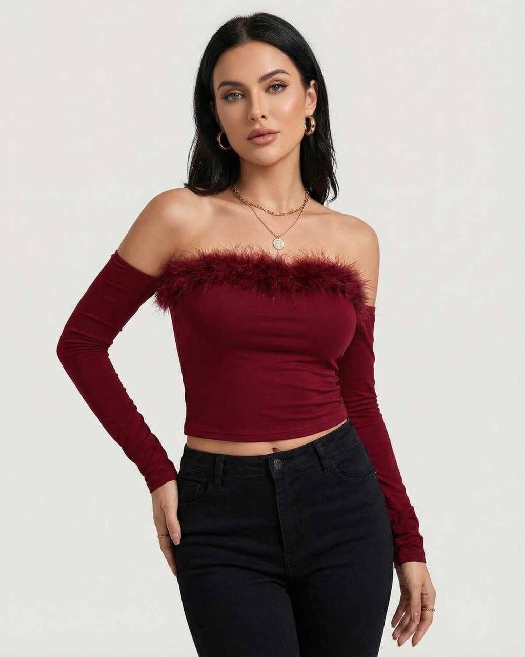 Verona Top by Lauven – Women’s off the shoulder burgundy top with feather trim, perfect for evening style.