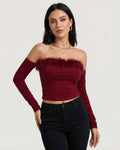 Verona Top by Lauven – Women’s off the shoulder burgundy top with feather trim, perfect for evening style.
