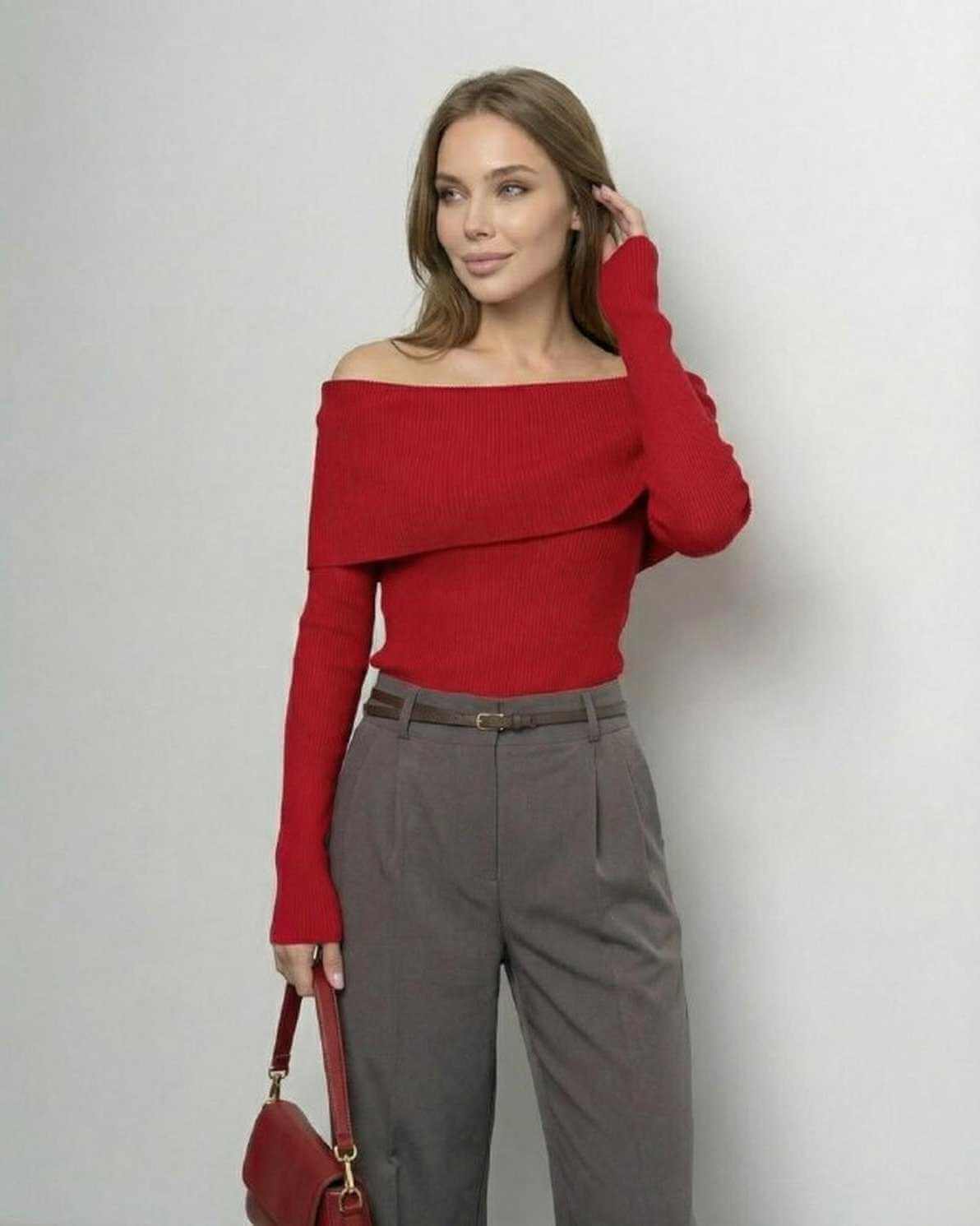 Verona Top by Lauven – Women’s off-the-shoulder long sleeve top in solid red, offering a slim fit and elegant style.