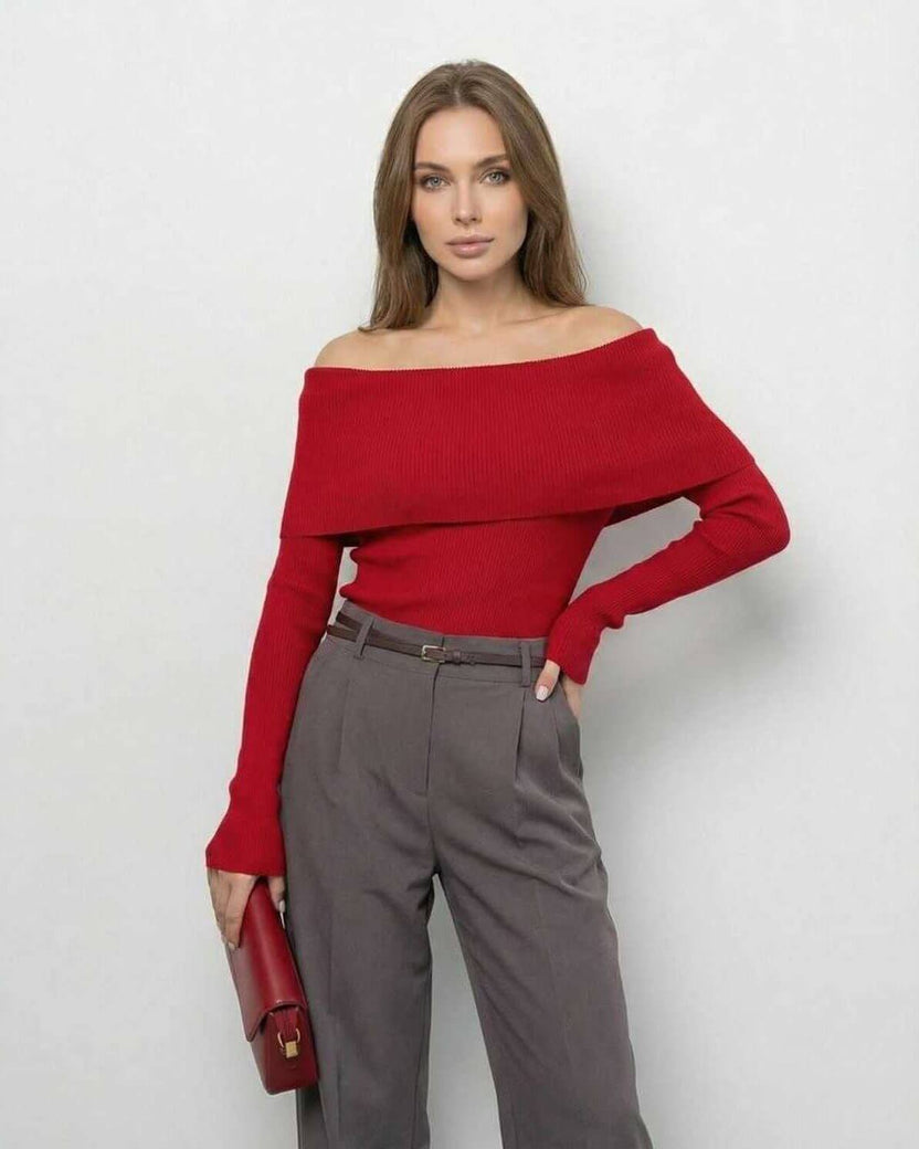 Verona Top by Lauven, women's off-the-shoulder red long sleeve top, stylish and comfortable slim fit design.