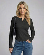 Vesper Long Sleeve - Women’s long sleeve Henley top with button placket by Lauven in black, featuring a fitted silhouette.