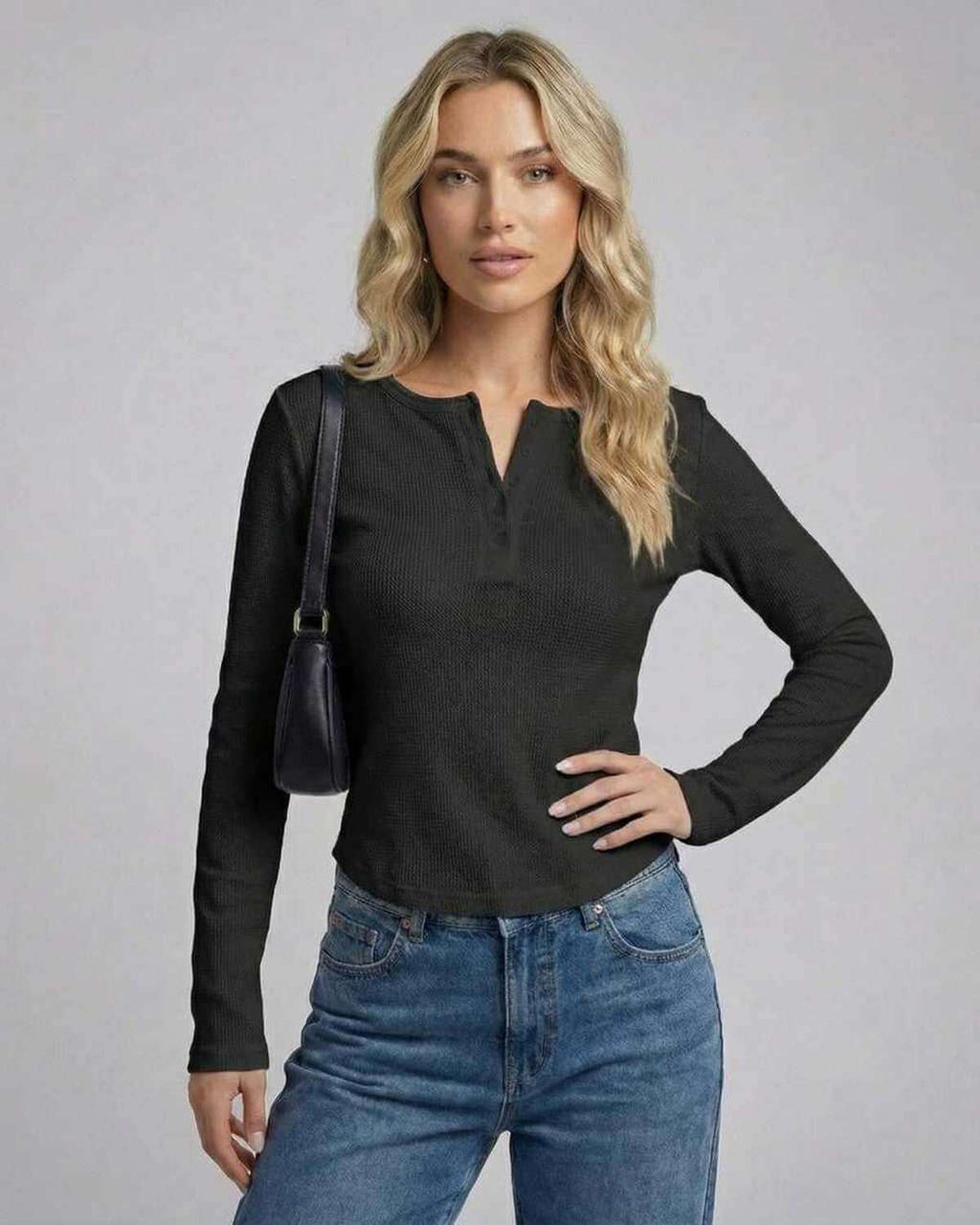 Vesper Long Sleeve - Women’s Long Sleeve Henley Top by Lauven in classic black with button placket and textured fabric.