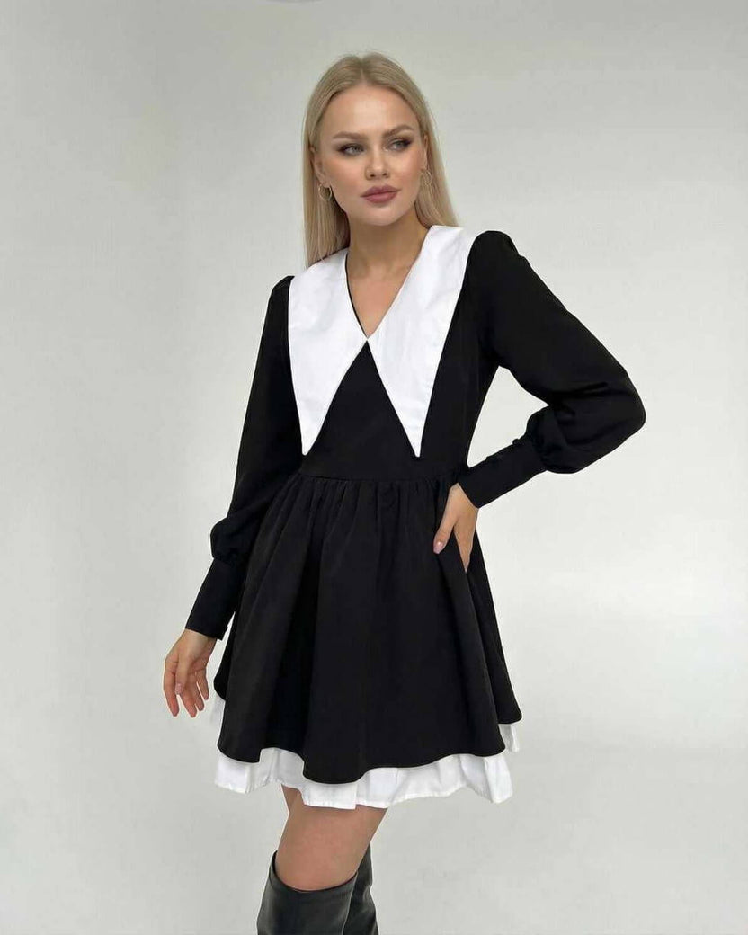 Vesper Mini Dress by Lauven featuring a chic black and white patchwork design and lapel collar.