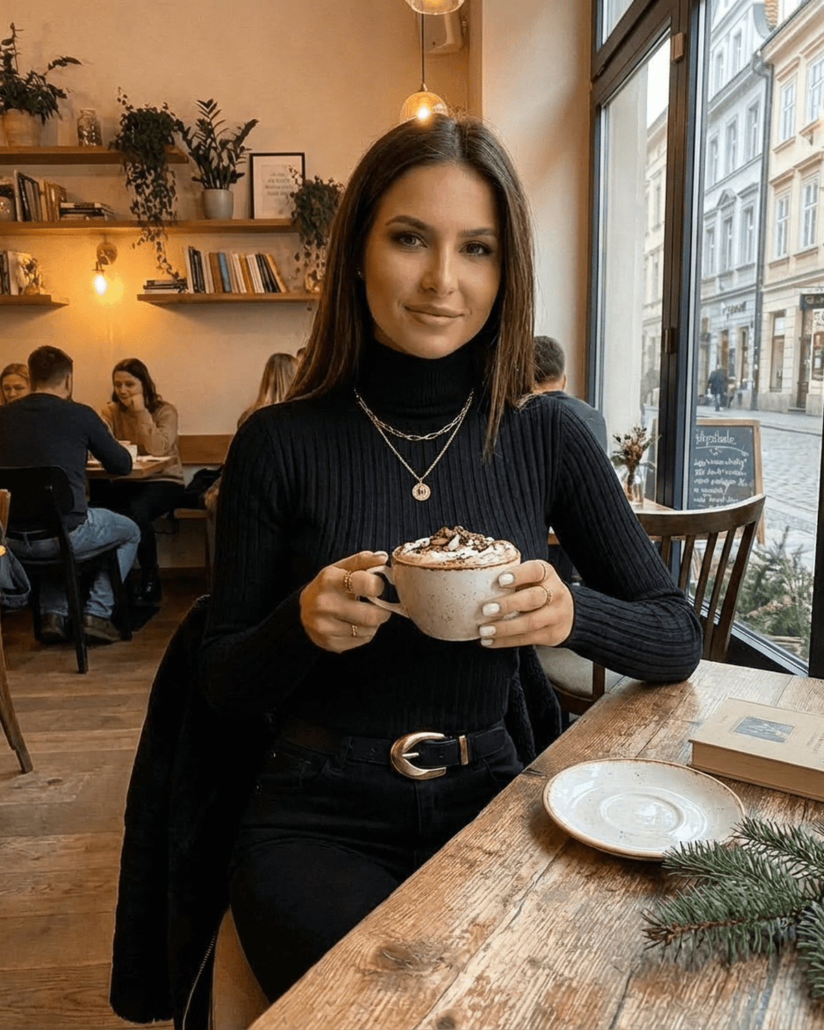 Vesper Sweater by Lauven worn by a woman in a cozy café holding a hot chocolate in a stylish black turtleneck.