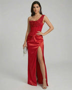 Vespera Maxi Dress by Lauven - One-Shoulder Satin Evening Gown with Bead Embellishments and Thigh-High Slit