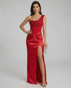 Vespera Maxi Dress by Lauven, featuring a one-shoulder design, satin fabric, and thigh-high slit for an elegant evening look.