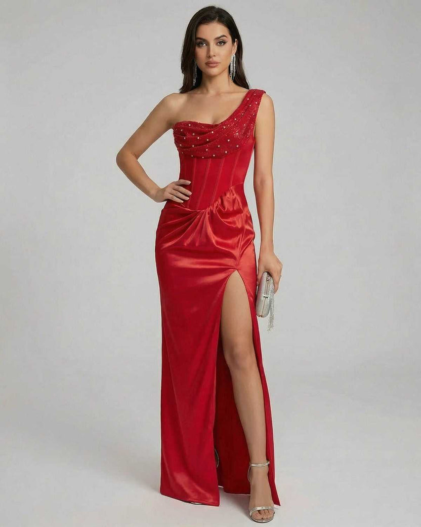 Vespera Maxi Dress by Lauven, featuring a one-shoulder design, satin fabric, and thigh-high slit for an elegant evening look.