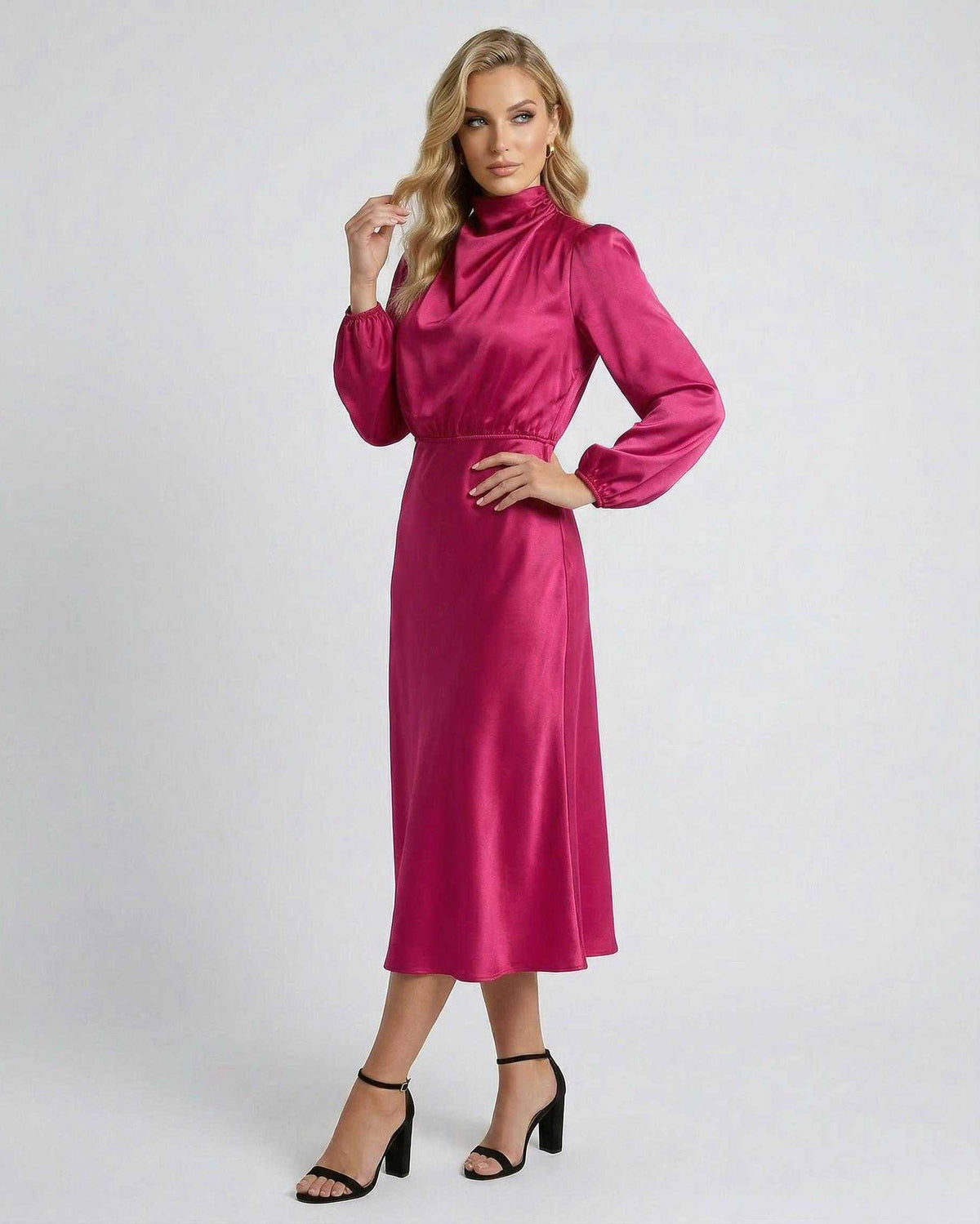 Lauven Vienna Midi Dress in vibrant pink satin, featuring a high neck and flattering silhouette for elegant looks.