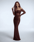 Virella Maxi Dress by Lauven, red sequined evening gown with mesh accents and off-shoulder neckline.