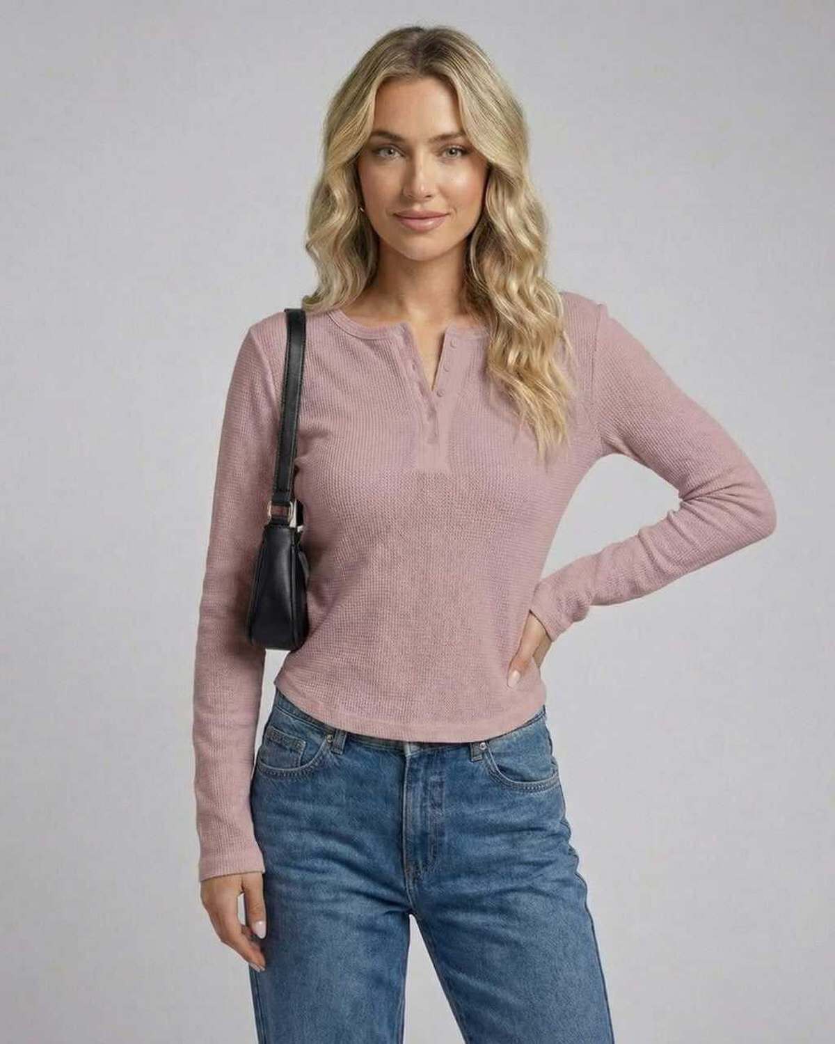 Arden Long Sleeve – Women’s long sleeve Henley top in dusty rose by Lauven, featuring button placket and slim fit.