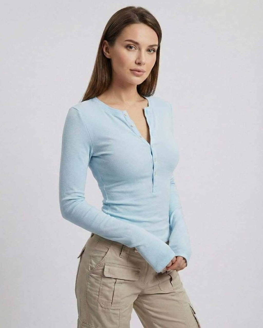 Luna Long Sleeve - Lauven Women's Blue Long Sleeve Top with Slim Fit Ribbed Design and Half-Open Neckline.