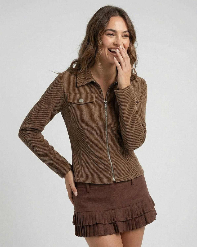 Florence Jacket by Lauven – Women’s brown corduroy zip-up jacket in a slim fit with refined details.