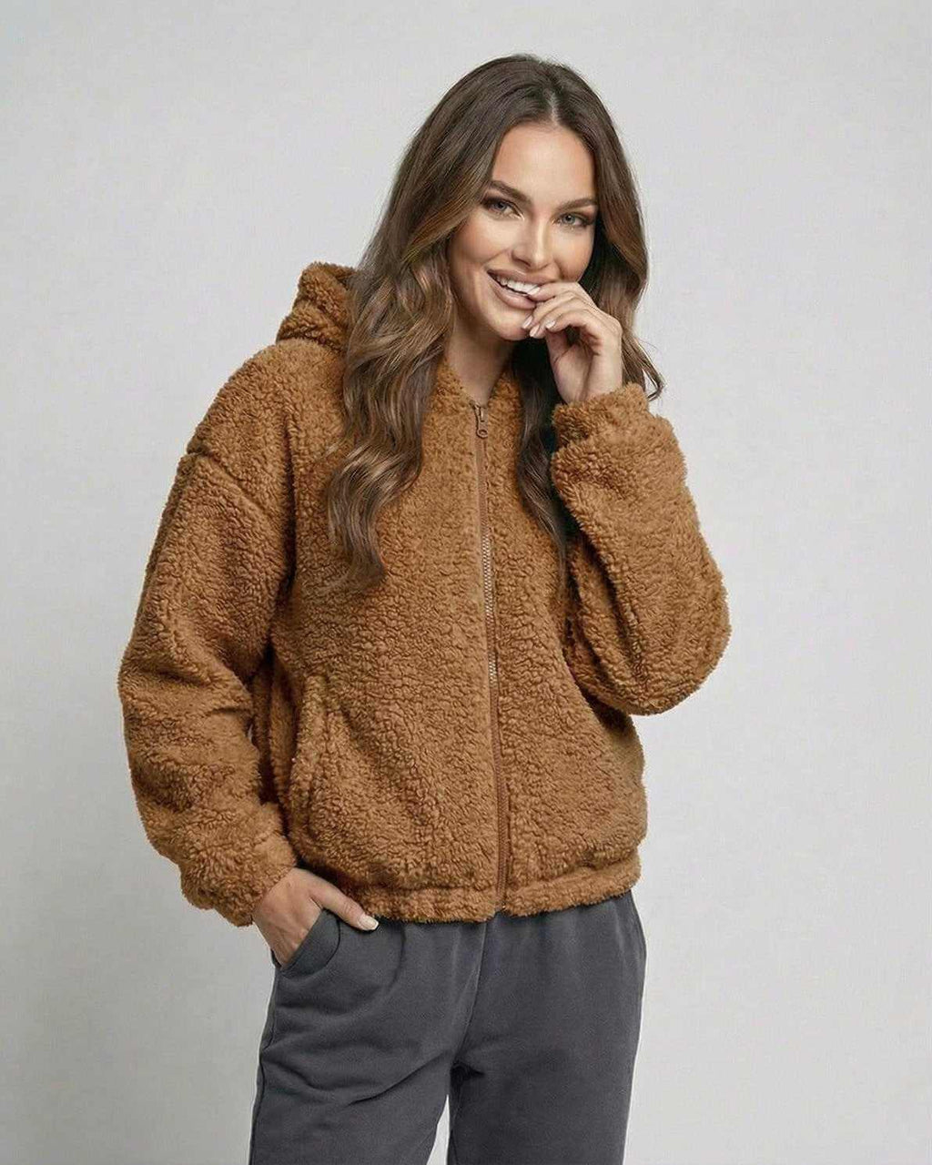 Sienna Jacket by Lauven – Women's brown zip up hooded jacket with soft fleece texture.