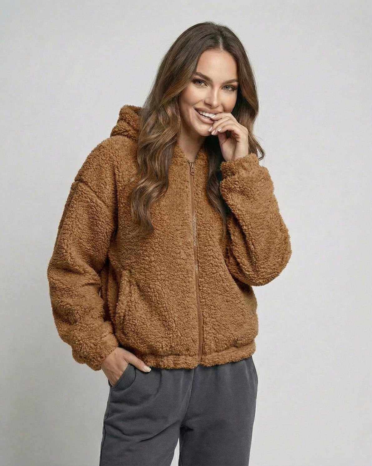 Sienna Jacket by Lauven – Women's brown zip up hooded jacket with soft fleece texture.
