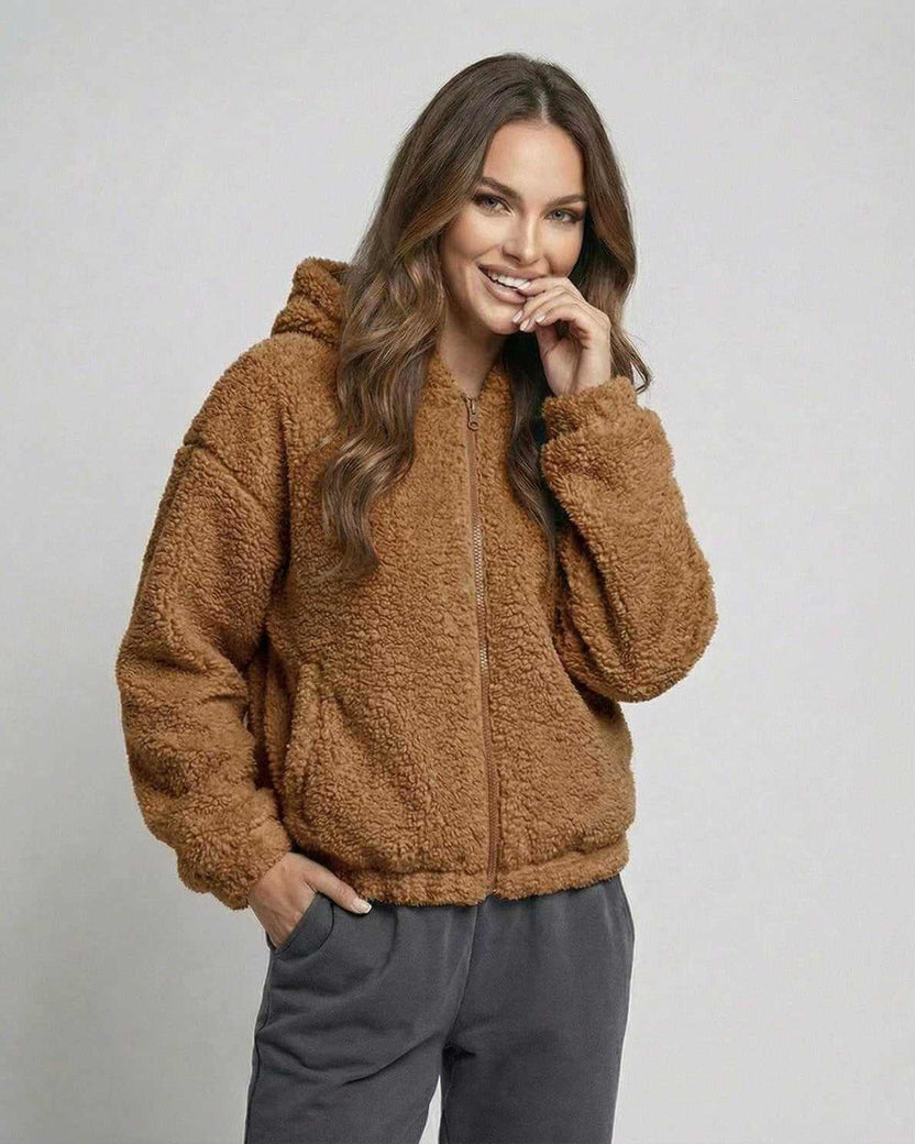 Sienna Jacket by Lauven – Women's brown zip up hooded jacket with soft fleece texture.