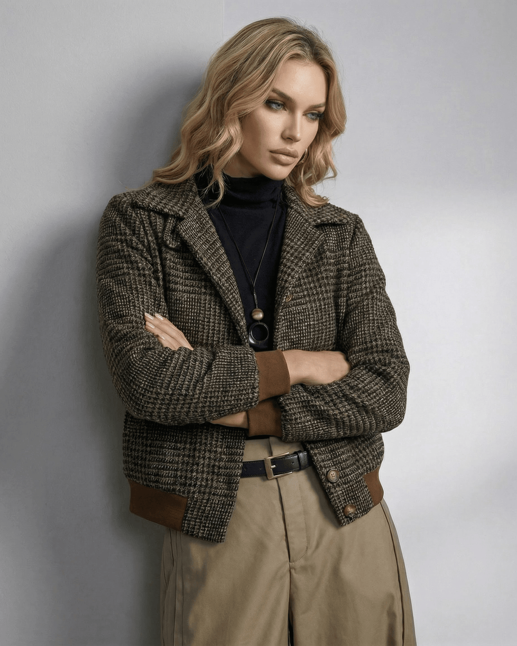 Cambridge Jacket by Lauven, women's plaid jacket with lapel collar, long sleeves, and a tailored silhouette.