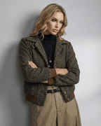 Cambridge Jacket by Lauven, women's plaid jacket with lapel collar, long sleeves, and a tailored silhouette.
