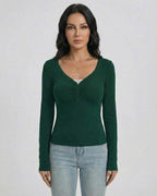 Emerald Pullover by Lauven – Women's Slim Fit V-Neck Long Sleeve Pullover with Button Detail in dark green.