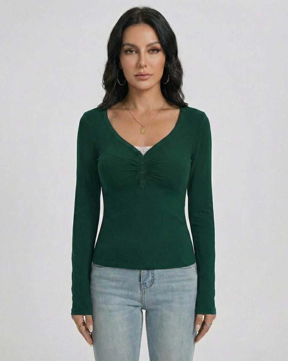 Emerald Pullover by Lauven – Women's Slim Fit V-Neck Long Sleeve Pullover with Button Detail in dark green.