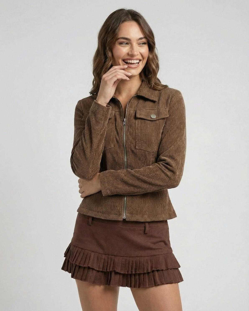 Florence Jacket by Lauven – Women’s brown corduroy jacket with zipper, slim fit silhouette.