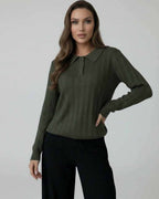 Orion Sweater by Lauven - Women’s Olive Green Knit Sweater with Collared Long Sleeves