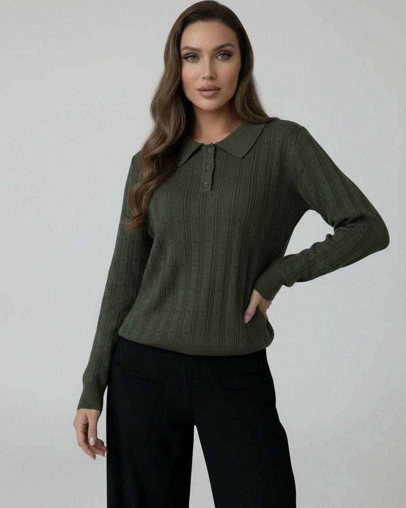 Orion Sweater by Lauven - Women’s Olive Green Knit Sweater with Collared Long Sleeves