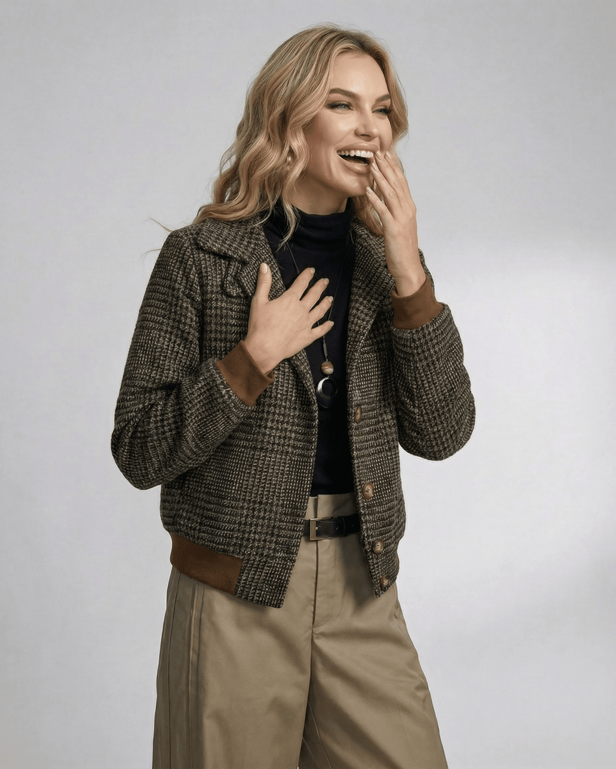 Cambridge Jacket by Lauven, women's plaid jacket with lapel collar and long sleeves, classic style.