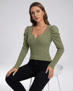 Sienna Pullover by Lauven – Women’s ribbed knit pullover sweater in olive green with long sleeves and structured neckline.