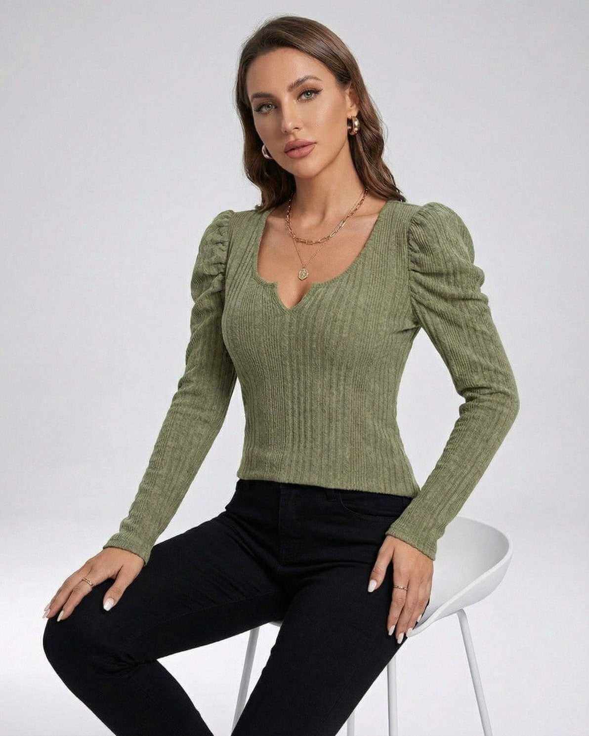 Sienna Pullover by Lauven – Women’s ribbed knit pullover sweater in olive green with long sleeves and structured neckline.