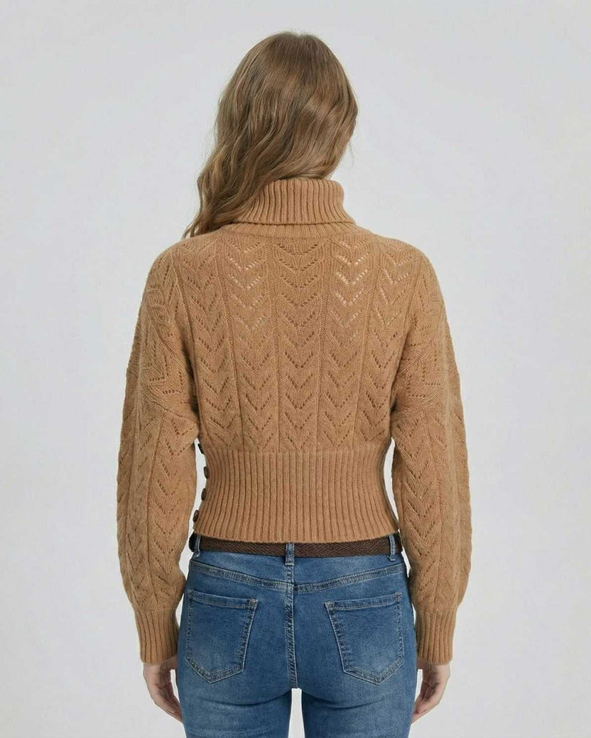 Sienna Sweater by Lauven in a textured knit, showcasing back view with structured silhouette and ribbed hem.