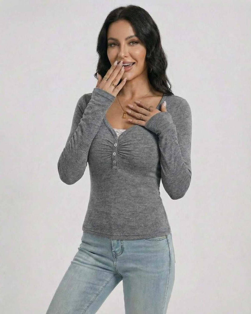Sterling Pullover by Lauven – Women’s Slim Fit V-Neck Long Sleeve Pullover with Button Detail in gray.