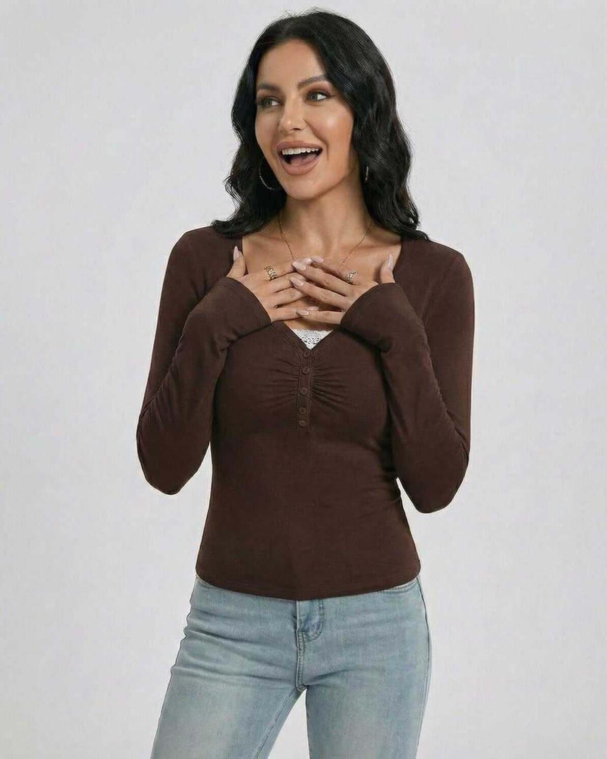 Mocha Pullover by Lauven – Women's Slim Fit V-Neck Long Sleeve Pullover with Button Detail, perfect for polished everyday wear.