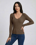 Espresso Pullover by Lauven - Women's V-Neck Pullover Sweater in brown with slim fit and long sleeves.