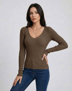 Espresso Pullover by Lauven - Women's V-Neck Pullover Sweater in brown with slim fit and long sleeves.