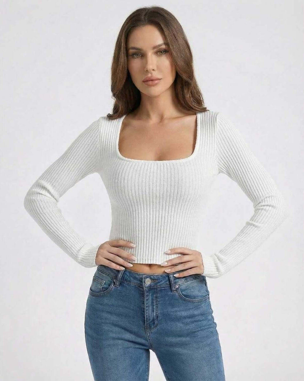 Arden Pullover by Lauven – Women’s White Ribbed U-Neck Long Sleeve Pullover Sweater displaying a sleek silhouette.