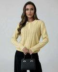 Soleil Sweater by Lauven - Women’s yellow knit sweater with elegant collared long sleeves and refined texture.