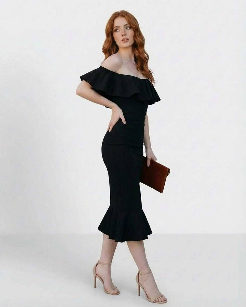 Lauven Noiréa Midi Dress - Off Shoulder Ruffled Bodycon Midi Dress in Black for elegant cocktail occasions.