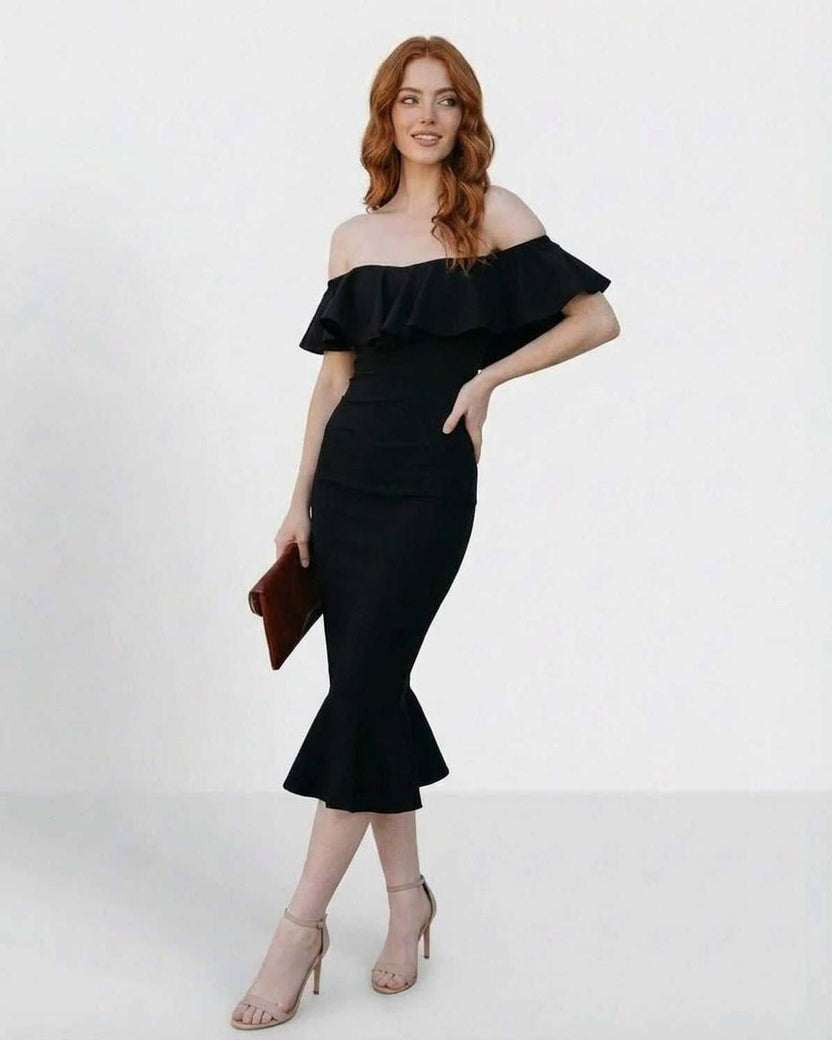 Off shoulder ruffled Noiréa Midi Dress by Lauven featuring a bodycon fit and elegant silhouette.