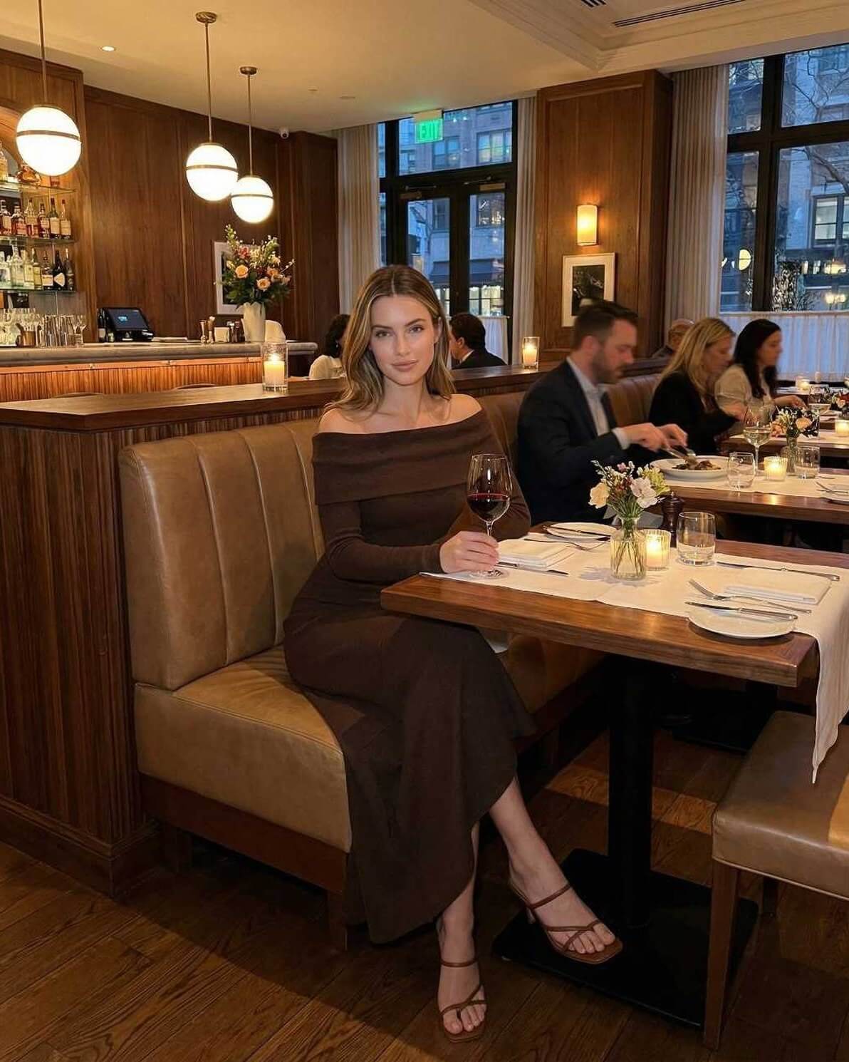 Elegant Luna Maxi Dress by Lauven, off-shoulder style in rich chocolate brown, worn at a chic restaurant setting.