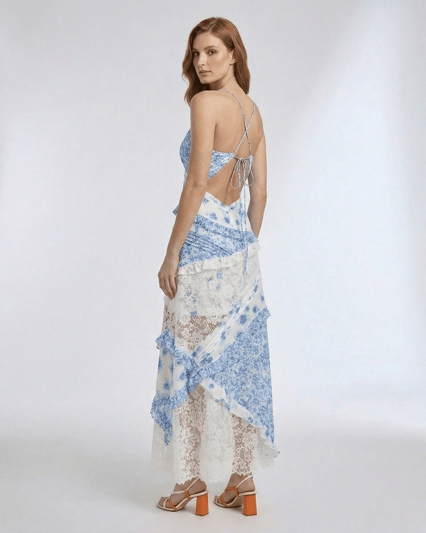 Azure Maxi Dress – Floral lace ruffle V-neck design, soft blue and ivory palette by Lauven for an elegant silhouette.
