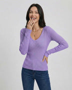 Lavender Bloom Pullover by Lauven – Women’s slim fit V-neck pullover sweater in lavender with long sleeves.