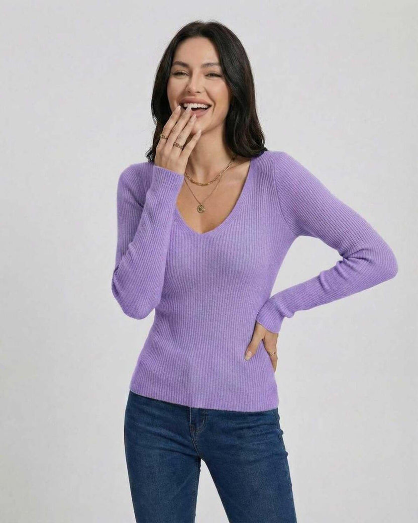 Lavender Bloom Pullover by Lauven – Women’s slim fit V-neck pullover sweater in lavender with long sleeves.