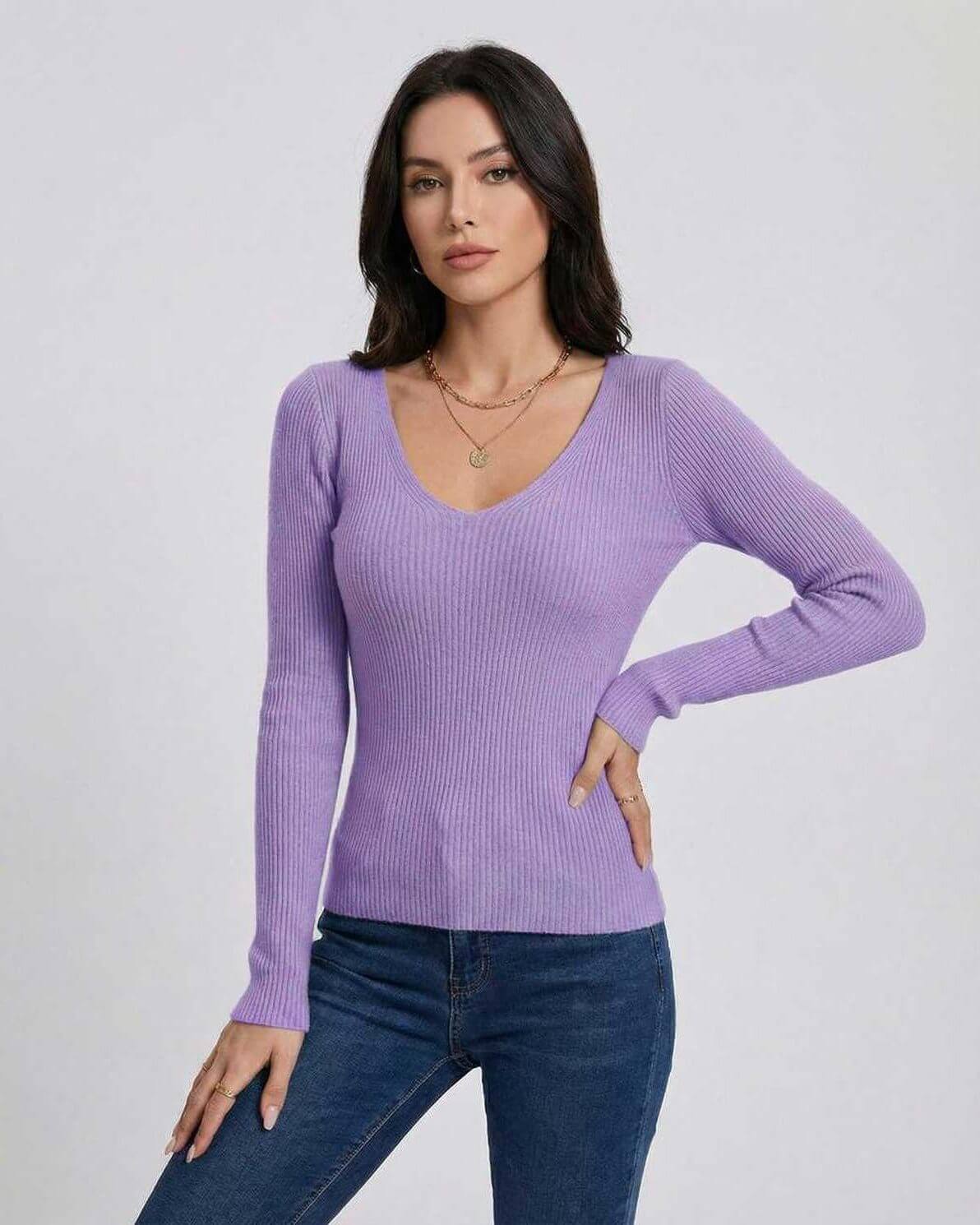 Lavender Bloom Pullover by Lauven, stylish women’s V-neck pullover sweater in a soft lavender hue.