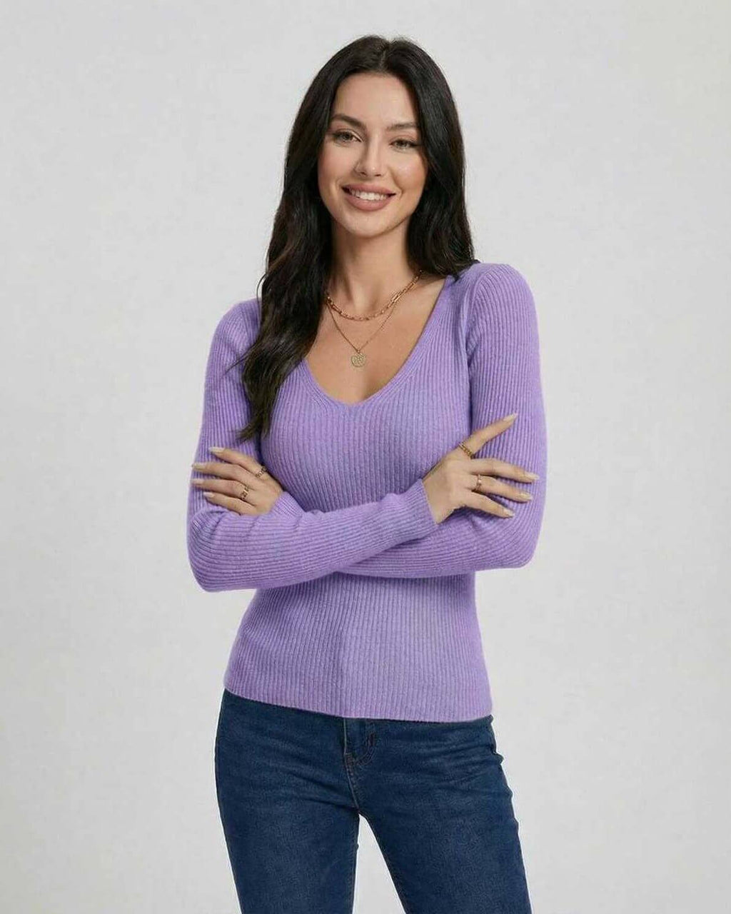 Lavender Bloom Pullover by Lauven featuring a model in a chic purple V-neck pullover sweater with slim fit and long sleeves.