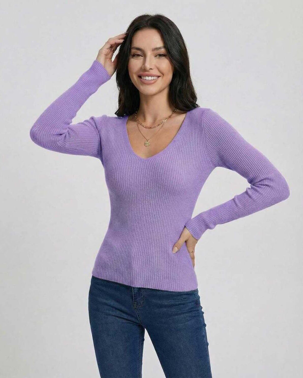 Lavender Bloom Pullover by Lauven – Women’s V-Neck Pullover Sweater in soft lavender with slim fit and long sleeves.