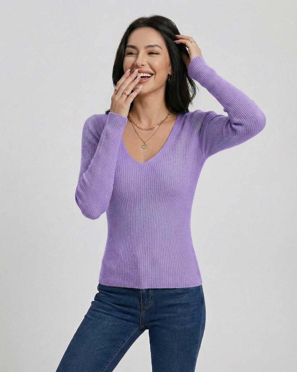 Lavender Bloom Pullover by Lauven: Women's V-neck sweater in soft lavender, slim fit with long sleeves, ideal for chic casual looks.