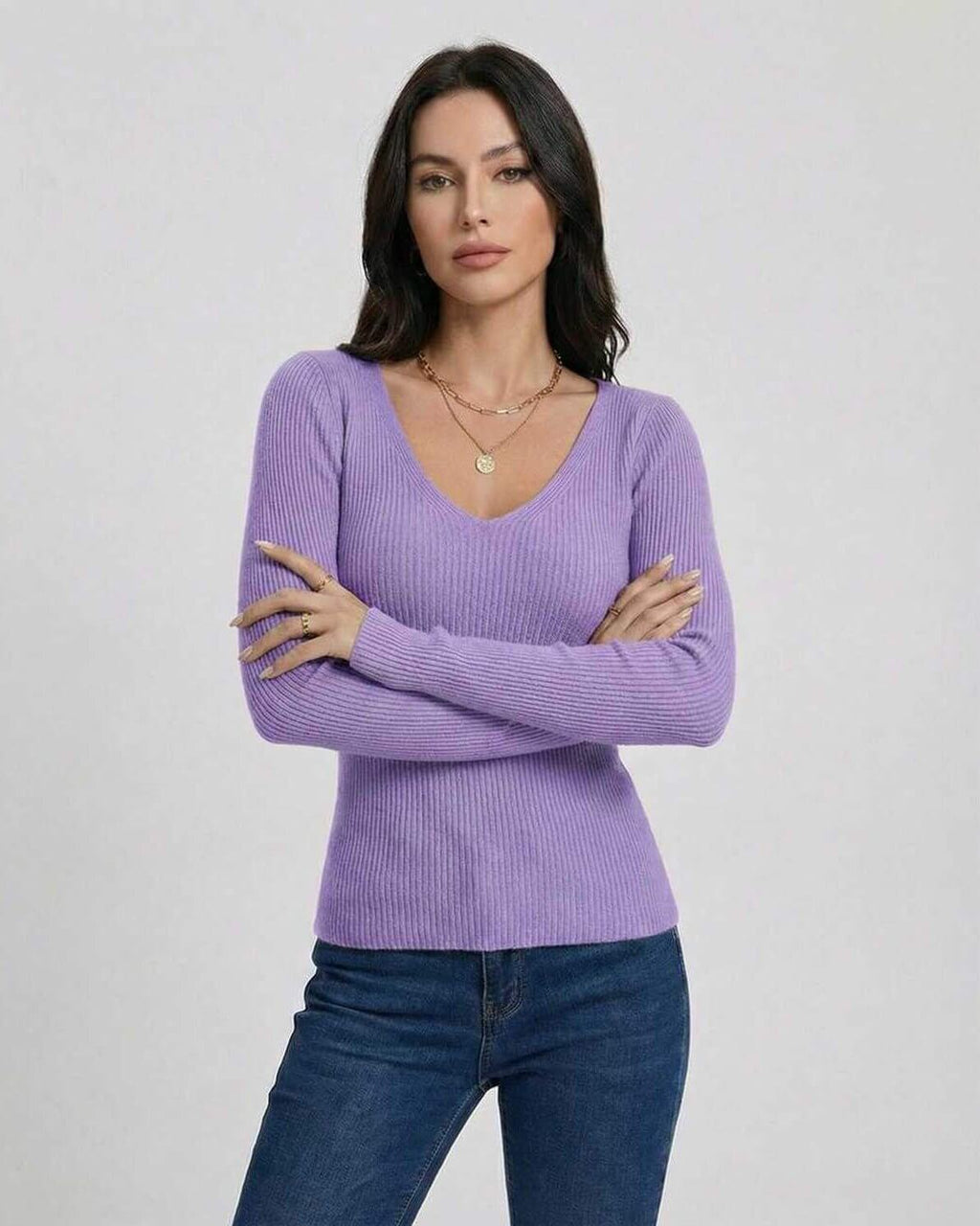 Lavender Bloom Pullover by Lauven - Women’s V-Neck Pullover Sweater in a chic slim fit.