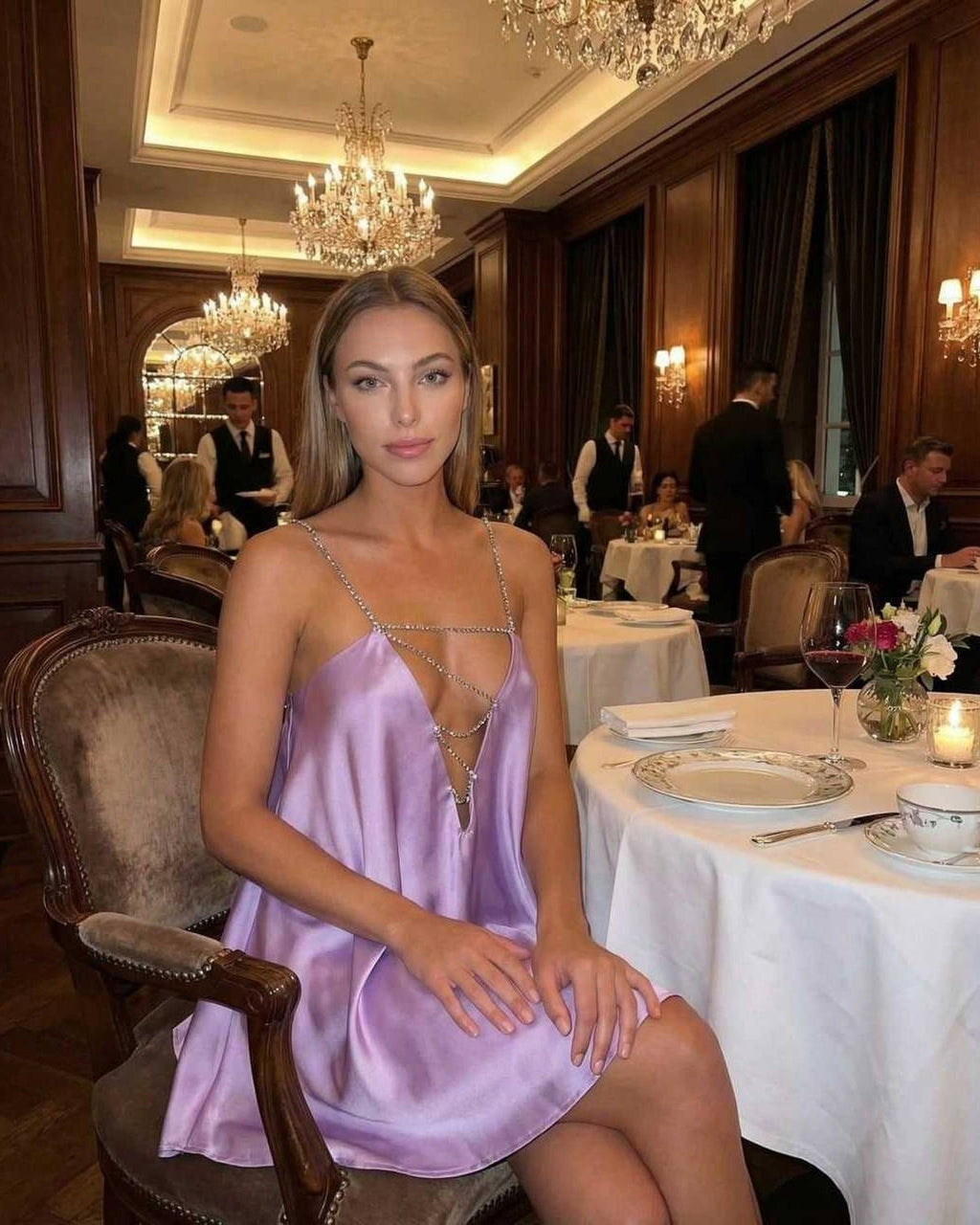 Celeste Mini Dress by Lauven in lavender satin worn by a woman in an elegant restaurant setting.