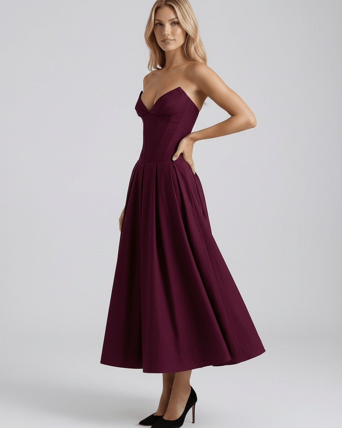 Aveline Midi Dress, V-neck midi dress in burgundy, structured polyester, perfect blend of elegance and comfort by Lauven.