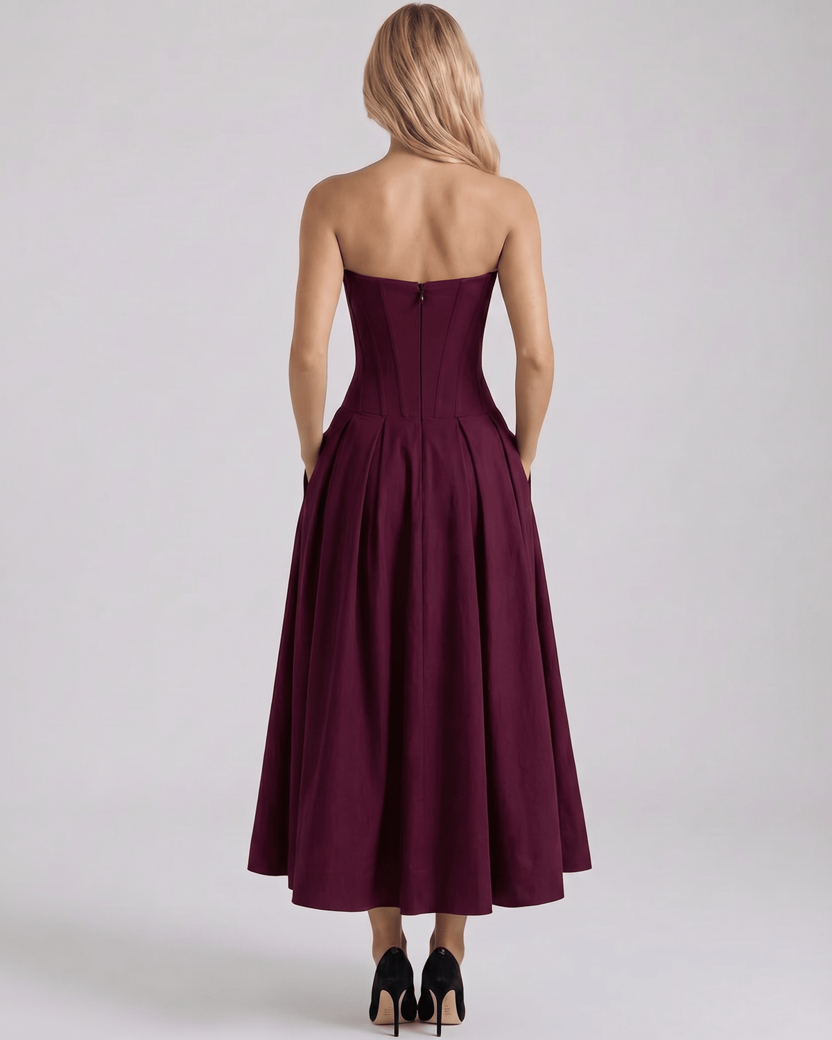 Elegant back view of Aveline Midi Dress, showcasing the structured polyester, V-neck design, and flowing skirt from Lauven.